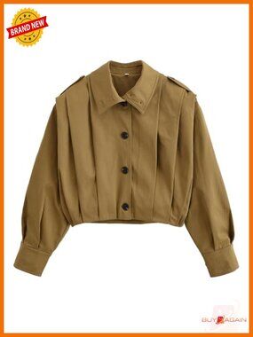Cropped Pleated Trench Coat Cotton Polyester Women's